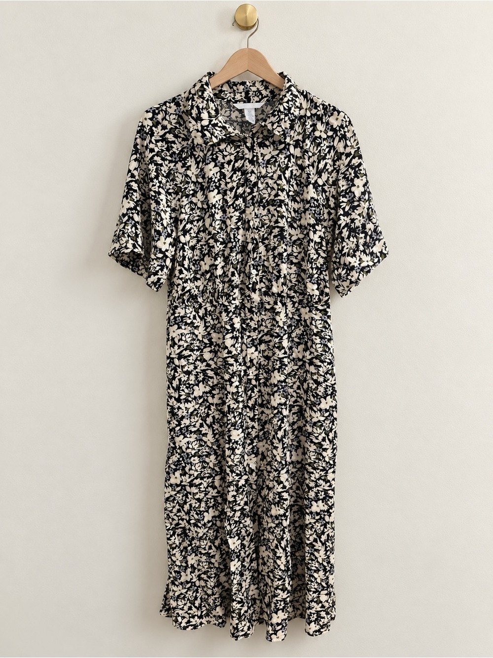 H&M Floral Button Front Midi Dress Size Large Black Cream Green